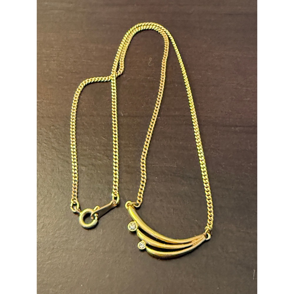 Avon Gold Tone Rhinestone Curved Pendant Necklace Vintage 80s Retro Glam Jewelry